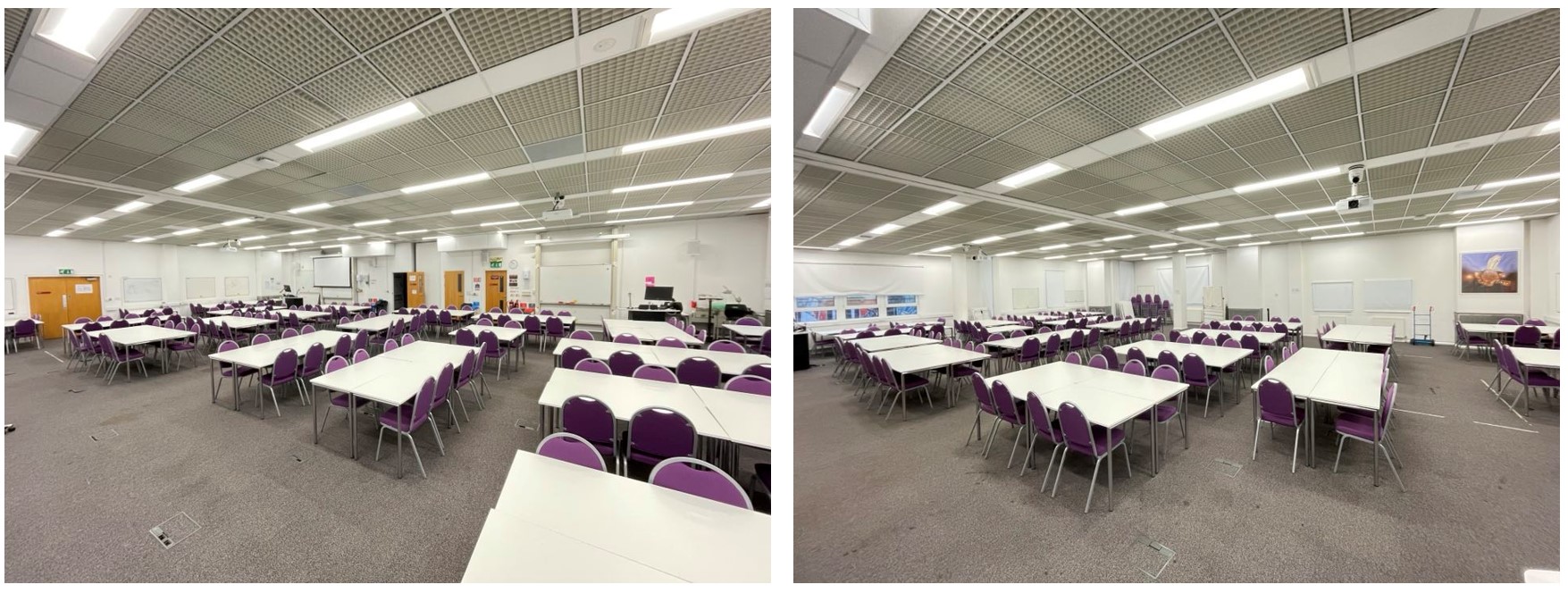 Chairs and tables in small groups around the room. The room has whiteboards fixed to the walls. The floor is carpeted.